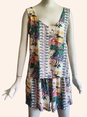 Kahala Hawiian Shorts Tank Top 2 Pc Set Retro Waikiki Surfer Beach Rayon Print L